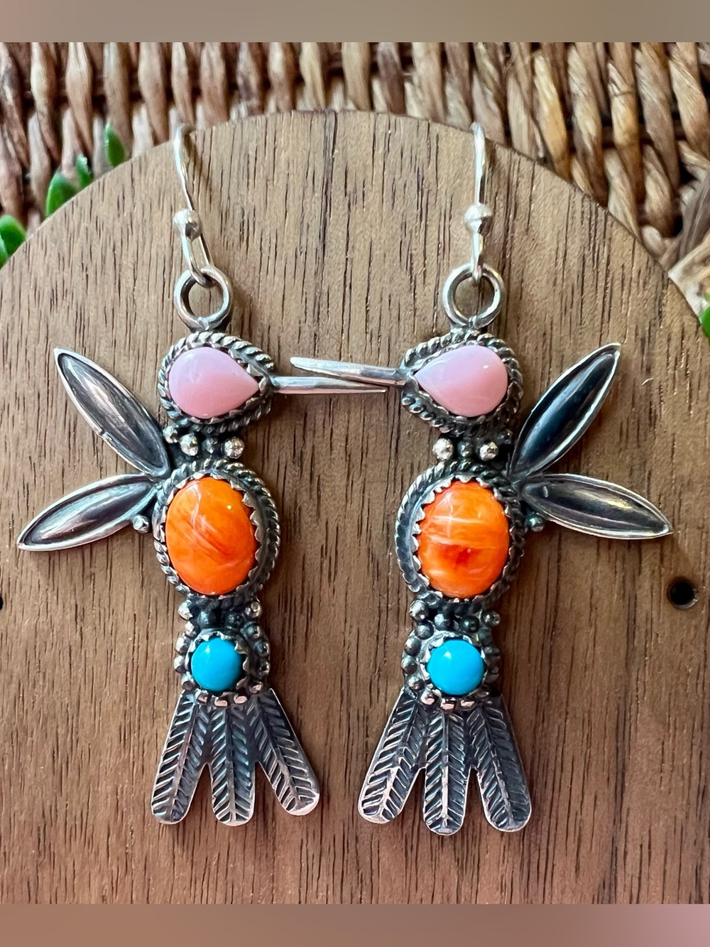 Sterling Silver Hummingbird Earrings Pink Conch Turquoise Spiny Oyster